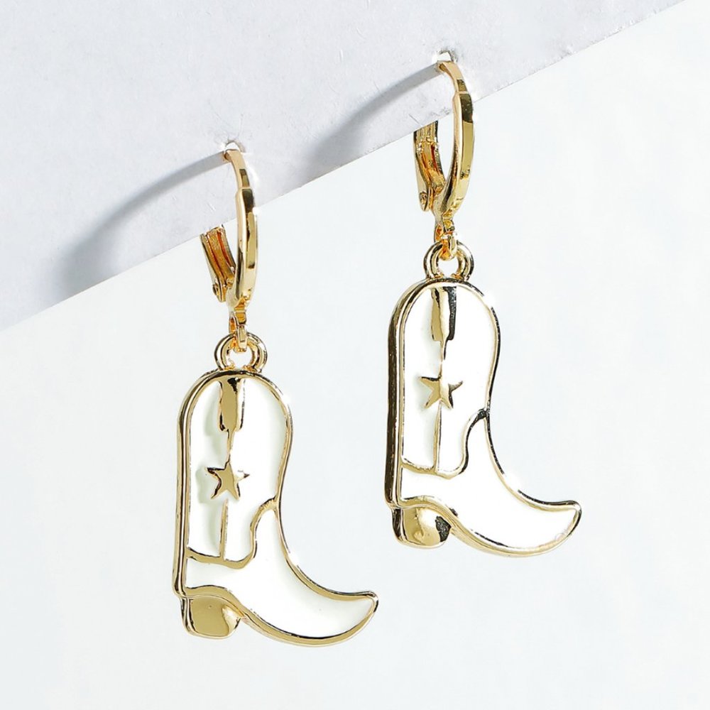 White & Gold Western Cowgirl Cowboy Boots Huggie Dangle Earrings NEW - Picture 2 of 4